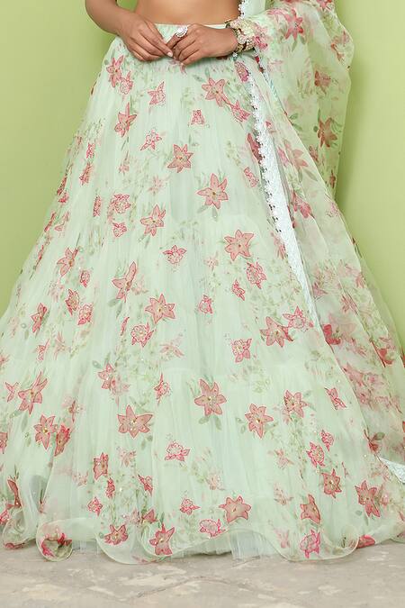 Keerthi Kadire Green Raw Silk, Organza Square Neck Printed Bridal Lehenga Set at Aza Fashions Keerthi Kadire_Green Raw Silk, Organza Square Neck Printed Bridal Lehenga Set _at_Aza_Fashions