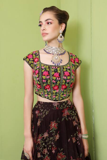 Shop_Keerthi Kadire_Black Raw Silk, Organza Square Neck Printed Lehenga Set _Online_at_Aza_Fashions