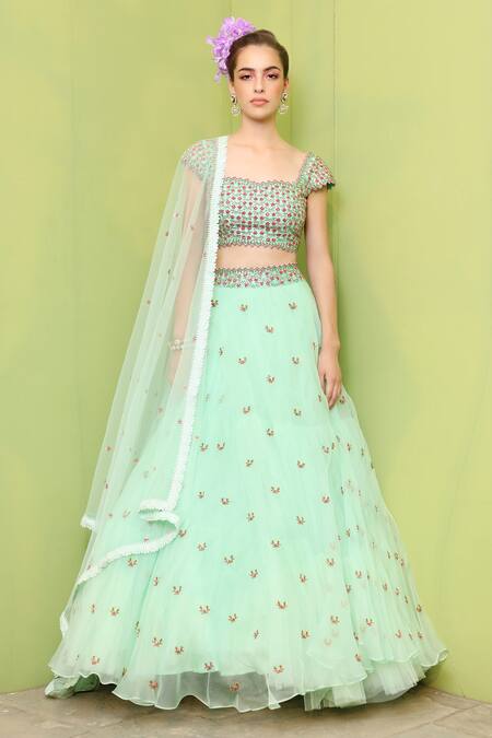 Keerthi Kadire_Blue Raw Silk, Organza, Net Sweetheart Neck Embroidered Bridal Lehenga Set _Online_at_Aza_Fashions