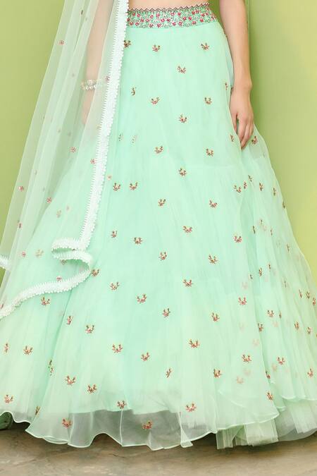 Shop_Keerthi Kadire_Blue Raw Silk, Organza, Net Sweetheart Neck Embroidered Bridal Lehenga Set _Online_at_Aza_Fashions