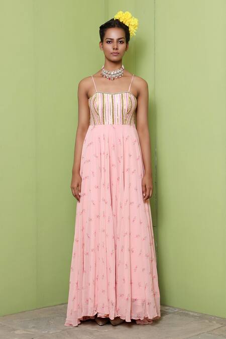 Keerthi Kadire_Peach Georgette, Dola Silk Sweetheart Neck Printed Gown _Online_at_Aza_Fashions