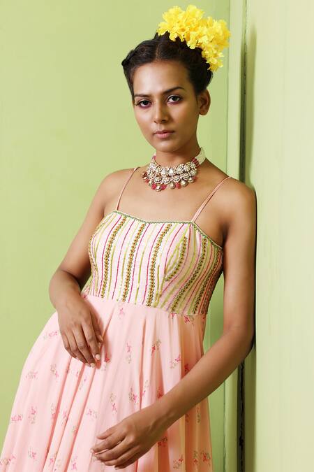 Buy_Keerthi Kadire_Peach Georgette, Dola Silk Sweetheart Neck Printed Gown _Online_at_Aza_Fashions