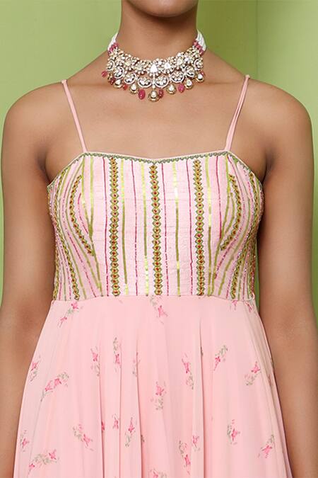 Shop_Keerthi Kadire_Peach Georgette, Dola Silk Sweetheart Neck Printed Gown _Online_at_Aza_Fashions