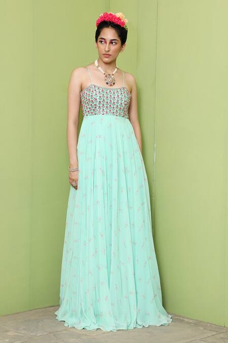 Keerthi Kadire_Blue Georgette, Dola Silk Sweetheart Neck Printed Gown _Online_at_Aza_Fashions