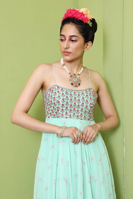 Shop_Keerthi Kadire_Blue Georgette, Dola Silk Sweetheart Neck Printed Gown _Online_at_Aza_Fashions