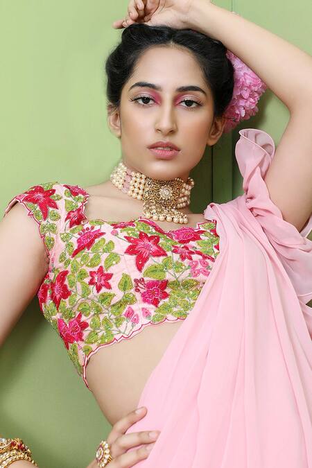 Keerthi Kadire_Peach Raw Silk, Georgette Square Neck Ruffle Saree With Embroidered Blouse _Online_at_Aza_Fashions