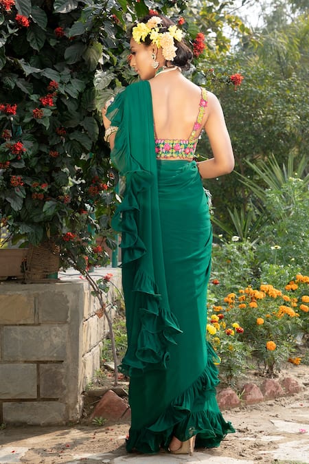 Shop_Keerthi Kadire_Green Square Neck Ruffle Saree With Embroidered Blouse _at_Aza_Fashions