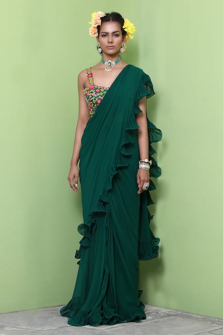 Keerthi Kadire_Green Square Neck Ruffle Saree With Embroidered Blouse _Online_at_Aza_Fashions