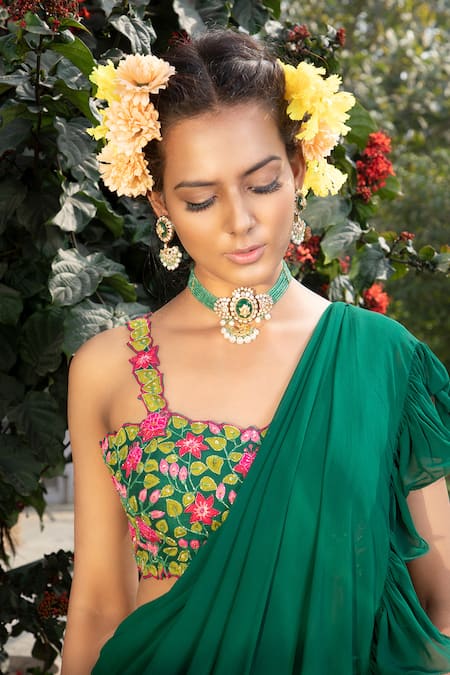 Shop_Keerthi Kadire_Green Square Neck Ruffle Saree With Embroidered Blouse _Online_at_Aza_Fashions