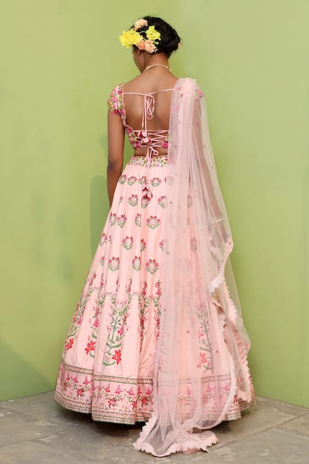 Shop_Keerthi Kadire_Peach Raw , Net, Dola Square Neck Embroidered Bridal Lehenga Set _at_Aza_Fashions