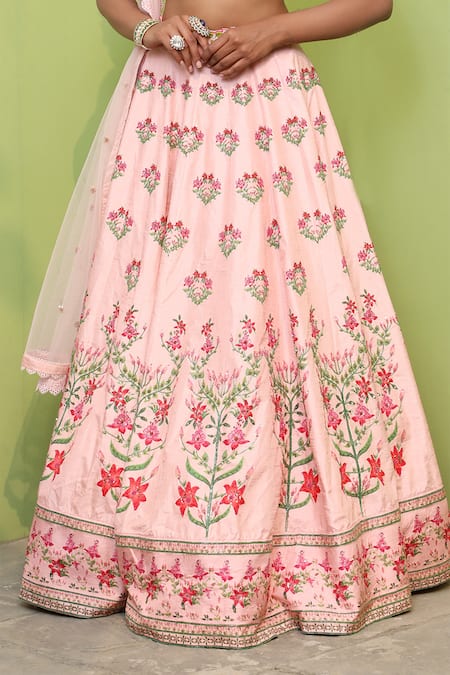 Shop_Keerthi Kadire_Peach Raw , Net, Dola Square Neck Embroidered Bridal Lehenga Set _Online_at_Aza_Fashions