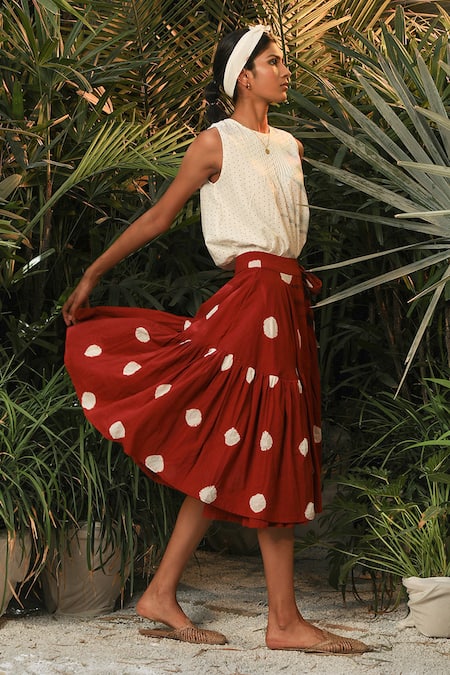 Buy Red Mul Cotton Printed Wrap Skirt For Women by Kharakapas