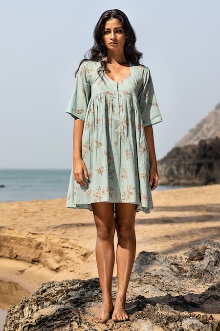 Kharakapas Blue Cotton Printed Floral Motifs Round Neck Envy Dress  