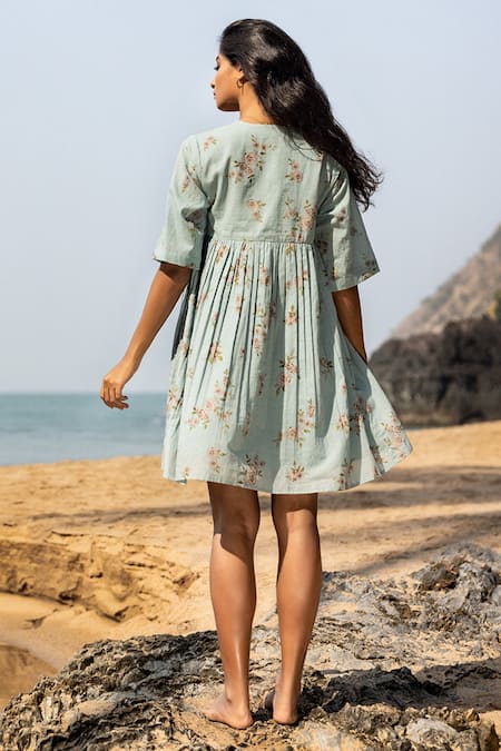 Shop_Kharakapas_Blue Cotton Floral Motifs Round Neck Envy Print Dress _at_Aza_Fashions