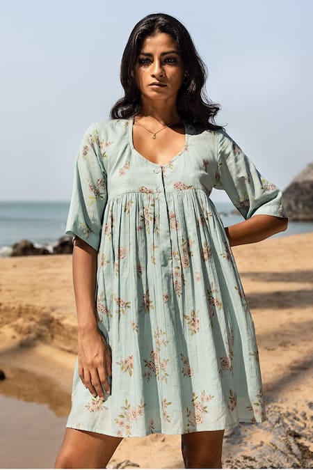 Shop_Kharakapas_Blue Cotton Floral Motifs Round Neck Envy Print Dress _Online_at_Aza_Fashions