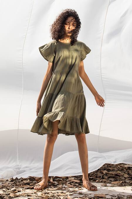 Kharakapas Green Tiered Dress Online at Aza Fashions Kharakapas_Green Tiered Dress _Online_at_Aza_Fashions