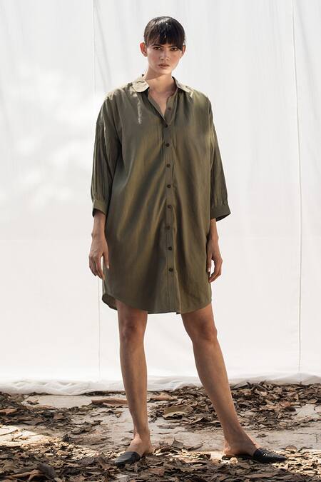 Shop_Kharakapas_Green Shirt Dress _Online_at_Aza_Fashions