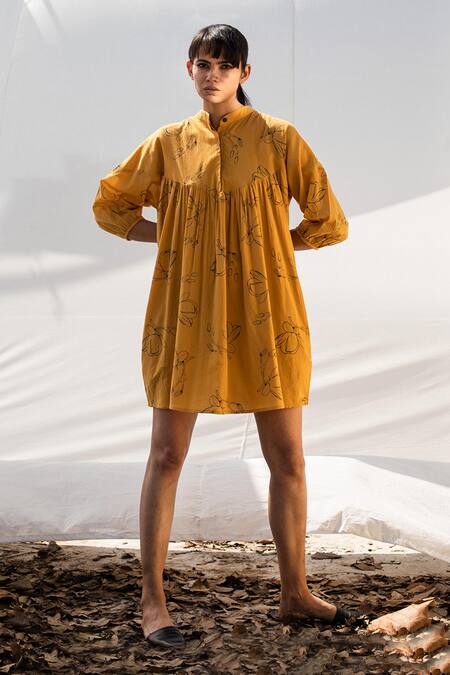 Kharakapas_Yellow Printed A-line Cotton Dress _Online_at_Aza_Fashions