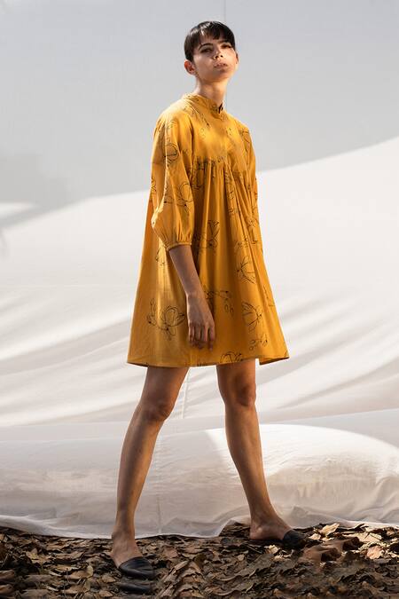 Buy_Kharakapas_Yellow Printed A-line Cotton Dress _Online_at_Aza_Fashions