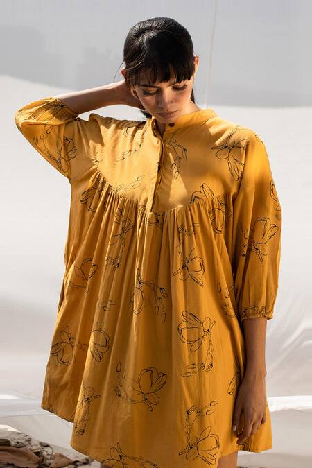 Kharakapas_Yellow Printed A-line Cotton Dress _at_Aza_Fashions