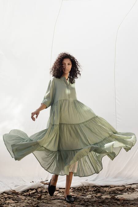 Buy_Kharakapas_Green Tiered Midi Dress _Online_at_Aza_Fashions