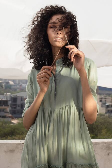 Shop_Kharakapas_Green Tiered Midi Dress _Online_at_Aza_Fashions