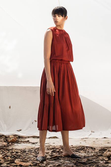 Kharakapas Red Flared Midi Dress Online at Aza Fashions Kharakapas_Red Flared Midi Dress _Online_at_Aza_Fashions