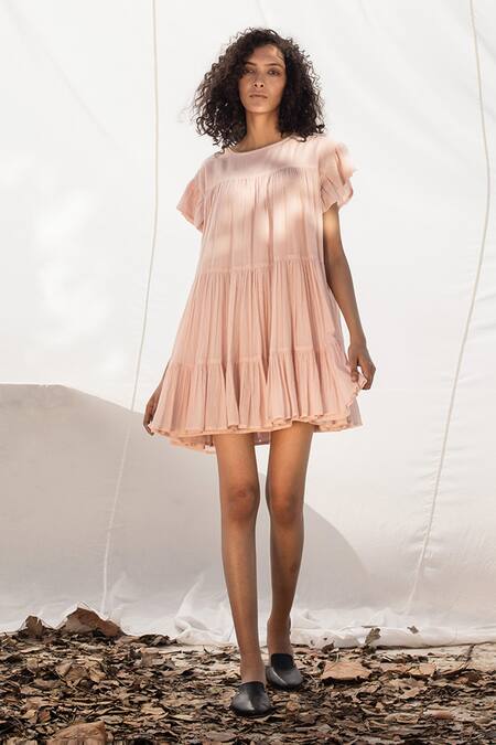 Shop Kharakapas Pink Tiered Frill Dress Online at Aza Fashions Shop_Kharakapas_Pink Tiered Frill Dress _Online_at_Aza_Fashions