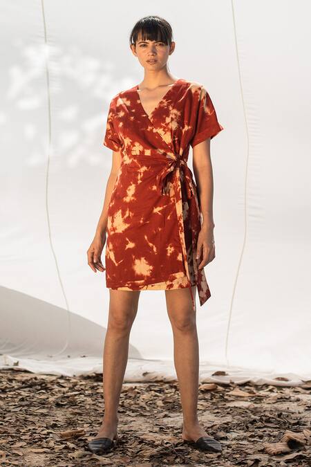 Shop_Kharakapas_Red Tie-dye Wrap Dress _Online_at_Aza_Fashions
