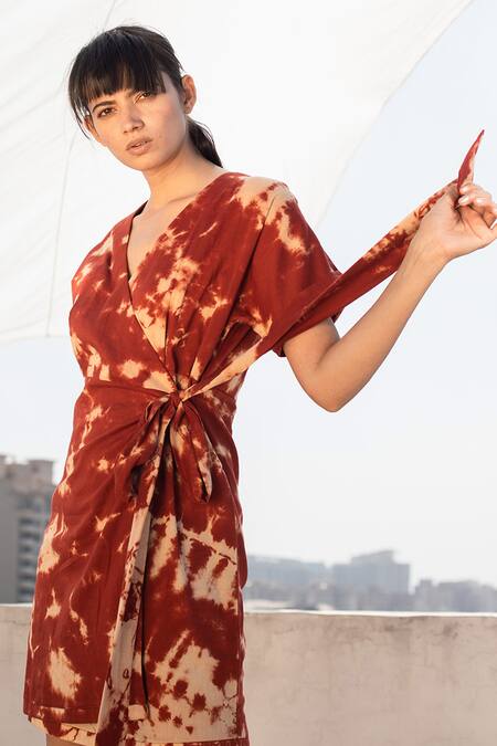 Kharakapas_Red Tie-dye Wrap Dress _at_Aza_Fashions