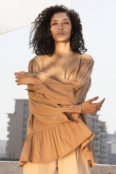 Kharakapas_Beige Anti-fit Frill Top _Online_at_Aza_Fashions