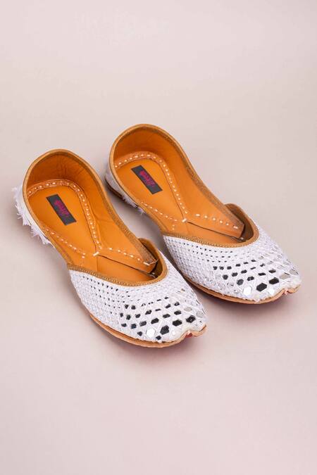 Kasually Klassy_White Ivory Mirror Work Juttis_Online_at_Aza_Fashions