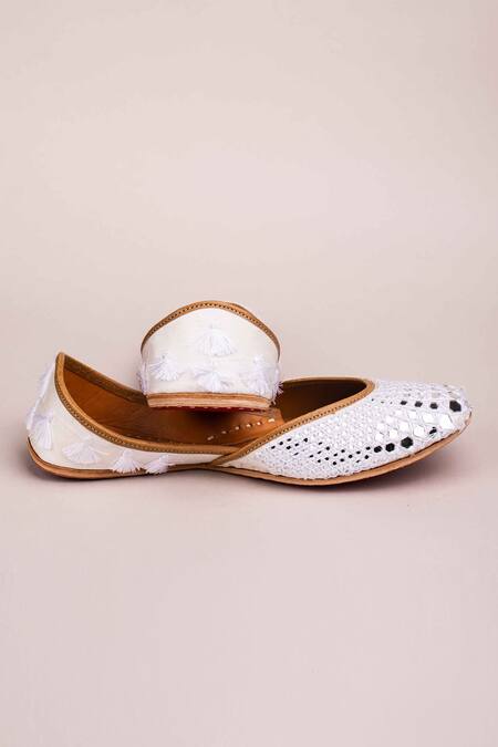 Shop_Kasually Klassy_White Ivory Mirror Work Juttis_Online_at_Aza_Fashions