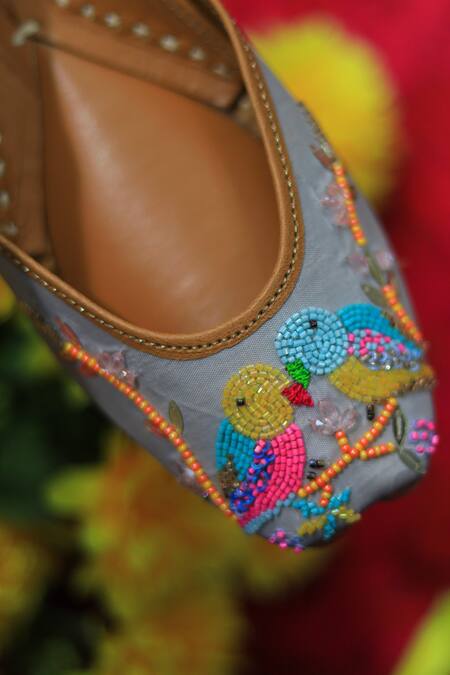 Shop_Kasually Klassy_Grey Bird Embroidered Juttis_Online_at_Aza_Fashions