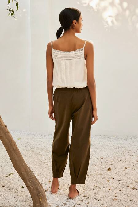 Kharakapas_Green Twill, Cotton Dreams Solid Trouser _Online_at_Aza_Fashions