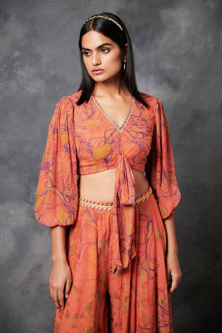 Buy Saundh Orange Viscose Georgette Abstract, Silk Thread And Konyak Printed Top & Pant Set Online at Aza Fashions Buy_Saundh_Orange Viscose Georgette Abstract, Silk Thread And Konyak Printed Top & Pant Set _Online_at_Aza_Fashions