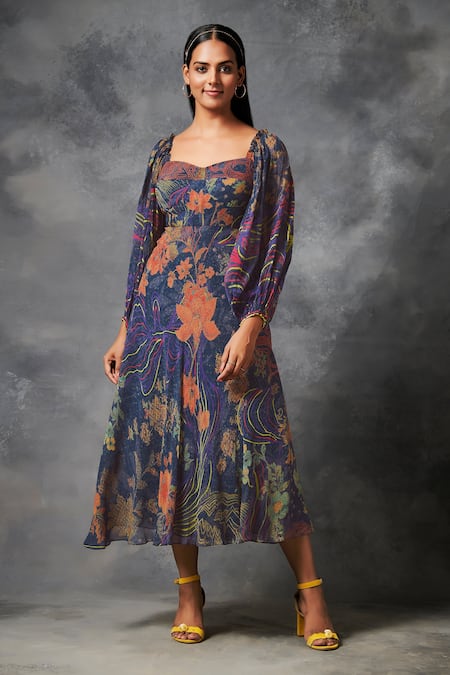 Saundh Blue Viscose Georgette Printed And Embroidered Floral Sweetheart Konyak Dress 