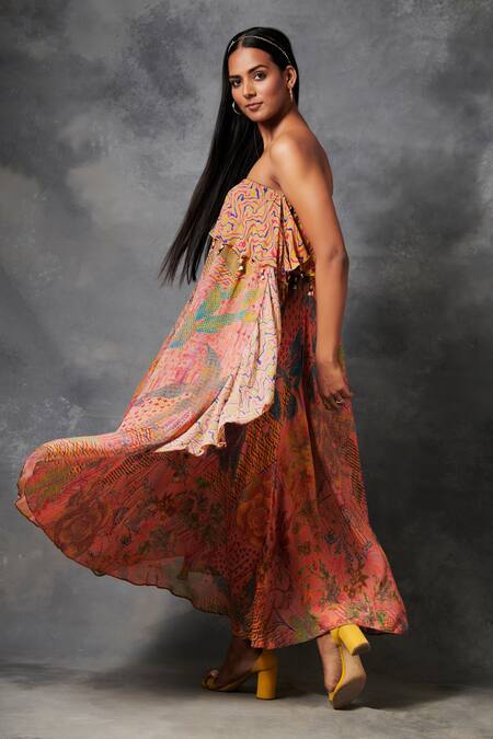 Saundh Peach Natural Crepe Floral, Abstract And Lace Work Straight Konyak Tube Dress Online at Aza Fashions Saundh_Peach Natural Crepe Floral, Abstract And Lace Work Straight Konyak Tube Dress _Online_at_Aza_Fashions