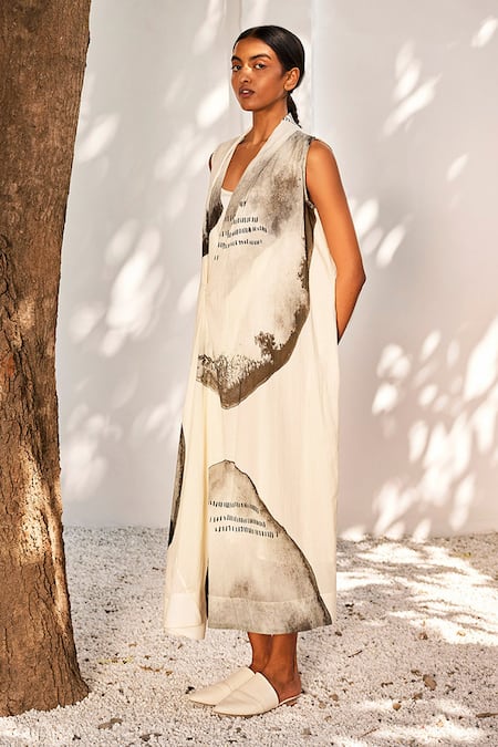 Buy_Kharakapas_Off White Cotton Shawl Neck Starry Light Mul Midi Dress _Online_at_Aza_Fashions