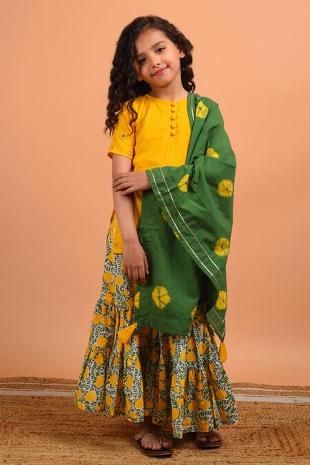 Buy_Kalp_Yellow Cotton Mirror Embroidered Kurta Sharara Set _Online_at_Aza_Fashions