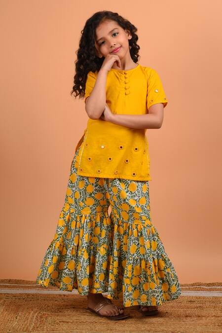 Shop_Kalp_Yellow Cotton Mirror Embroidered Kurta Sharara Set _Online_at_Aza_Fashions
