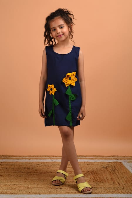Buy_Kalp_Blue Cotton Applique Sunflower Dress _Online_at_Aza_Fashions