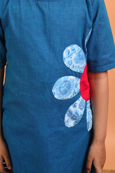 Shop_Kalp_Blue Cotton Embroidery Floral Applique Kurta And Pant Set _Online_at_Aza_Fashions