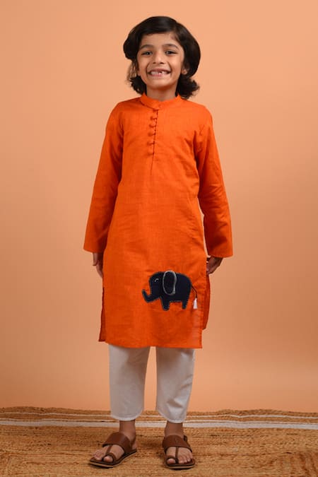 Kalp Orange Cotton Embroidery Hathi Patch Kurta Set 