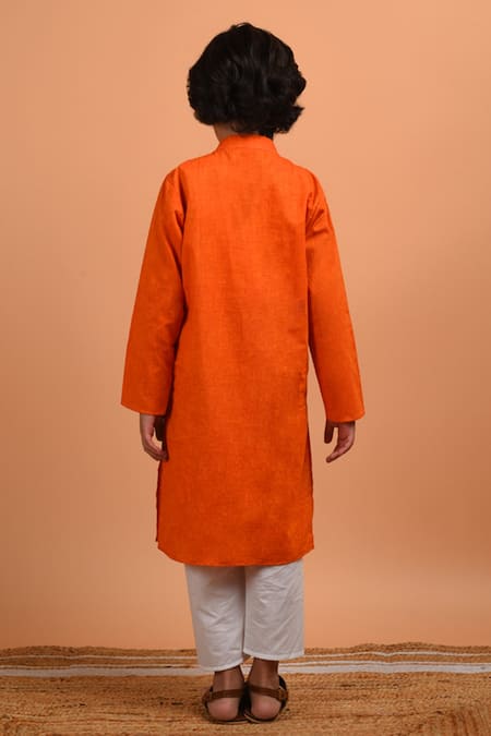 Shop Kalp Orange Cotton Embroidery Hathi Patch Kurta Set at Aza Fashions Shop_Kalp_Orange Cotton Embroidery Hathi Patch Kurta Set _at_Aza_Fashions