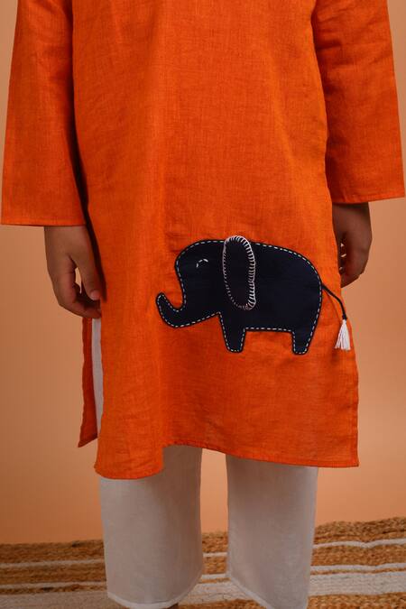 Shop Kalp Orange Cotton Embroidery Hathi Patch Kurta Set Online at Aza Fashions Shop_Kalp_Orange Cotton Embroidery Hathi Patch Kurta Set _Online_at_Aza_Fashions