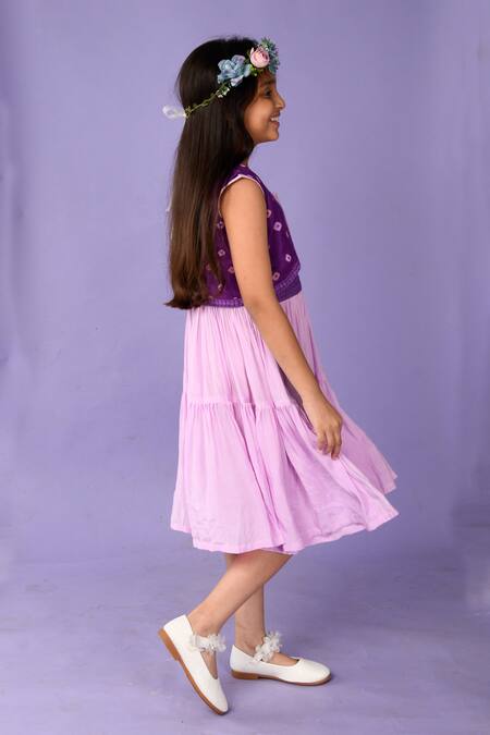 Kalp_Purple Muslin, Silk, Cotton Lace, Embroidery Bandhani Jacket And Dress Set _Online_at_Aza_Fashions