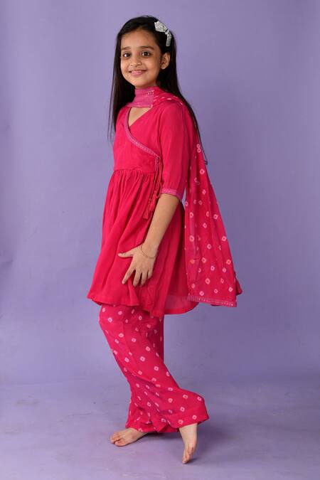 Kalp_Pink Muslin, Silk Lace Hot Angarkha Kurta Palazzo Set _Online_at_Aza_Fashions