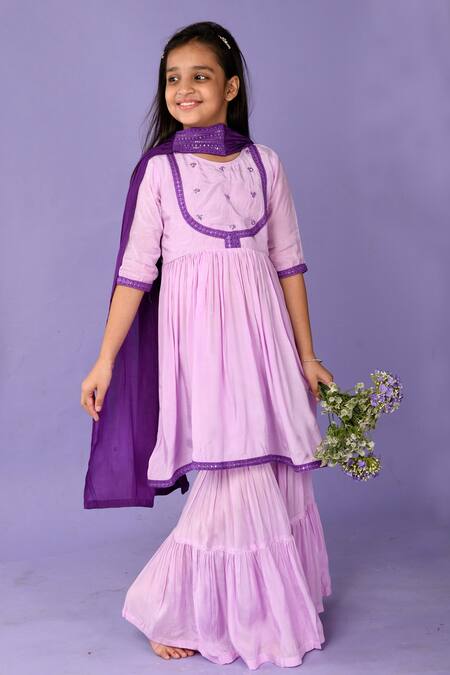 Kalp_Purple Muslin, Cotton, Silk Sequins, Lace Embroidered Kurta Sharara Set _Online_at_Aza_Fashions
