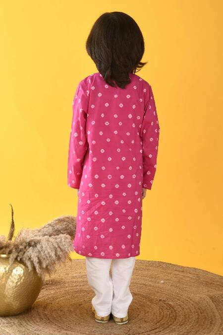Shop Kalp Pink Cotton Lace Bandhani Kurta And Pant Set at Aza Fashions Shop_Kalp_Pink Cotton Lace Bandhani Kurta And Pant Set _at_Aza_Fashions